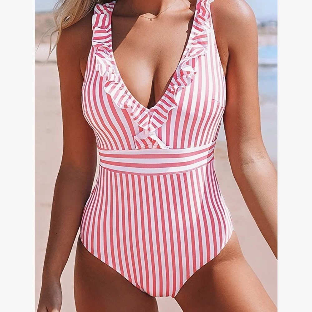 Women's V Neck One Piece Swimsuit Ruffled Back Cross Swimwear Pink White